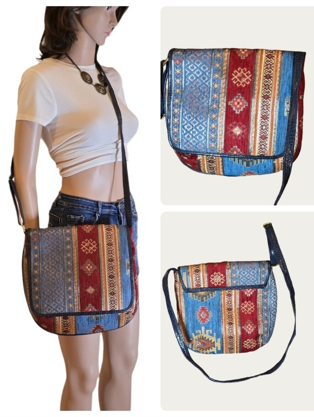 Vintage Armada Turkish Kilim Tapestry Crossbody Bag Vegan Leather Trim Boho EUC